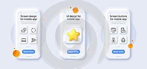Group, Share mail and Vacancy line icons pack. For web app. 3d phone mockups. Vector