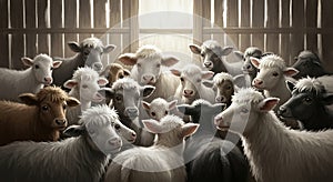 Group of Sheep Inside Barn with Natural Light