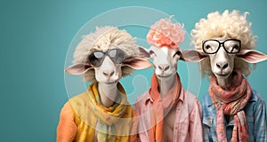 Group of sheep lamb in funky Wacky wild mismatch colourful outfits isolated on bright background advertisement