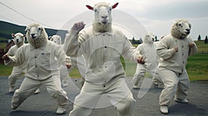 Hip-hop Inspired Sheep Jumping On A Country Road photo