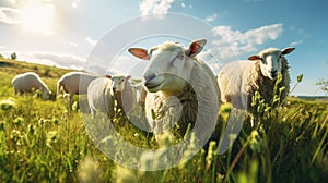 Group of Sheeps eating grass in the meadow