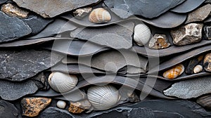A group of shells sitting on top of a pile of rocks