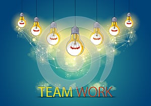 Group of shining light bulbs represents idea of creative people teamwork having ideas working together, creative team concept,