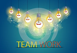 Group of shining light bulbs represents idea of creative people teamwork having ideas working together, creative team concept,