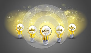 Group of shining light bulbs represents idea of creative people teamwork having ideas working together, creative team concept,