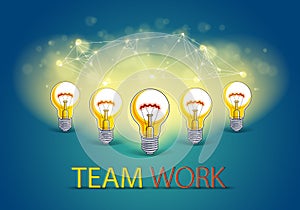 Group of shining light bulbs represents idea of creative people teamwork having ideas working together, creative team concept,