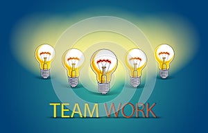 Group of shining light bulbs represents idea of creative people teamwork having ideas working together, creative team concept,