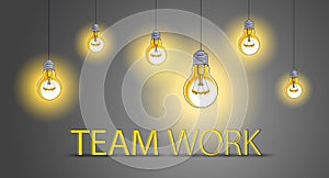 Group of shining light bulbs represents idea of creative people teamwork having ideas working together, creative team concept,