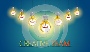 Group of shining light bulbs represents idea of creative people teamwork having ideas working together, creative team concept,