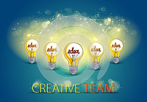 Group of shining light bulbs represents idea of creative people teamwork having ideas working together, creative team concept,