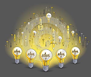 Group of shining light bulbs and set of icons, business ideas creative concept, teamwork, business team.