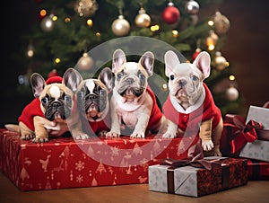 Group shot of cute dog puppies with Christmas theme sitting underneath the Christmas tree decorated with Christmas presents