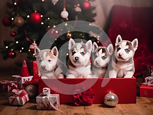 Group shot of cute huskies puppies with Christmas theme sitting underneath the Christmas tree