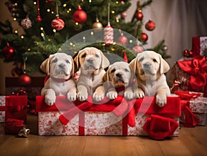 Group shot of cute Labrador puppies with Christmas theme sitting underneath the Christmas tree