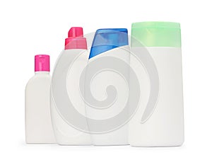 The group shot packaging bottle shampoo and soap liquid isolated