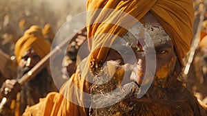 A group of Sikh warriors prepare for battle their faces painted with fierce symbols and their turbans tightly wrapped