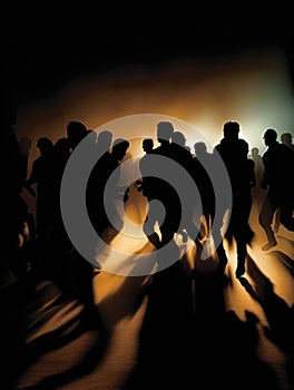 A group of silhouette figures are seen fleeing a beam of blinding light their outlines blurring as they run.. AI