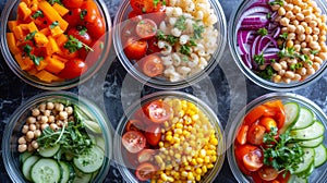 A group of six bowls filled with different vegetables and fruits, AI