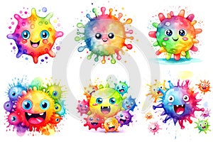 A group of six cartoon germs, viruses with different expressions, watercolor clipart on white background.