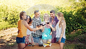 Group of Six Enjoying Wine Tour, Toasting and Tasting Red Wine amidst Lush Vineyards. Cheers to Wine and Embracing the Harvest