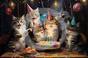 Group of six kittens wearing birthday party hats.Birthday pet party,cake with candles,ballons,confetti