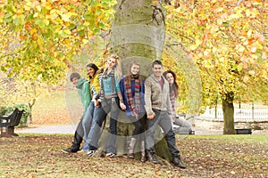 Group Of Six Teenage Friends Leaning Against Tree