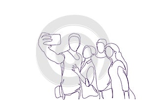 Group Of Sketch People Taking Self Portrait Photo On Smart Phone Camera Doodle Men And Women