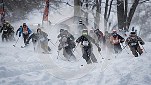 Group of skiers athletes compete going down from ski mountain. AI generated.