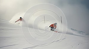 Group of skiers athletes compete going down from ski mountain. AI generated.