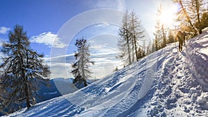 Group of skiers start the descent Valle Blanche, the most famous offpist run in the Alps, links Italy and France through the M photo