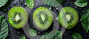 Group of Sliced Kiwis Surrounded by Leaves