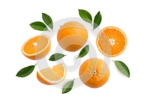 Group of slices, whole of fresh orange fruits and leaves isolate