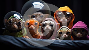 A group of small animals wearing hoods and goggles are sitting together, AI