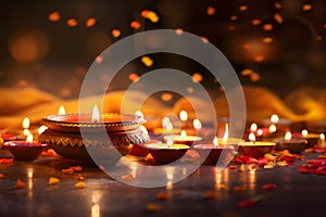 A group of small decorated burning candles on a dark background with a bokech effect. Diwali, the dipawali Indian festival of