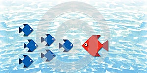 Group of small fish with one big red fish in the sea blue background. Design for conflict of interest or confrontation.