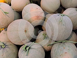 Group of  small green yellow melons with stems attached at a market