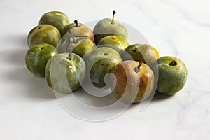 Group of small greengage plums on white marble