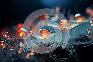 a group of small orange jellyfish on a dark background