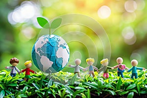 A group of small wooden figurines holding hands in a circle around a globe with a sprouting plant, symbolizing