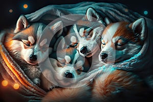 Group Of Smiling Asleep Husky Dogs Puppys - Generative AI