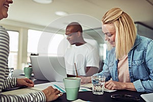 Group of smiling business colleagues working around an office ta