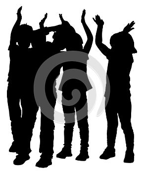 Group of smiling children, girl and boy applauding, silhouette