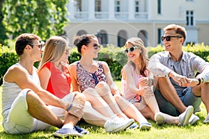 Group of smiling friends outdoors sitting on grass