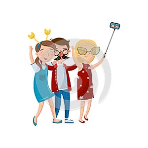 Group of smiling friends spending time together and taking selfie photo in club cartoon vector Illustration