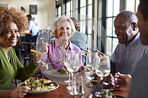 Group Of Smiling Senior Friends Meeting For Meal In Restaurant