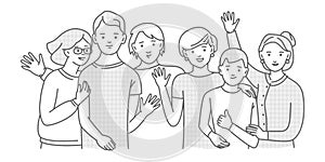 Group of smiling teenage boys and girls or friends standing together, embracing each other, waving hands. Happy students