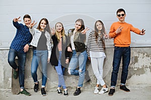 Group of smiling teenagers with skateboard.