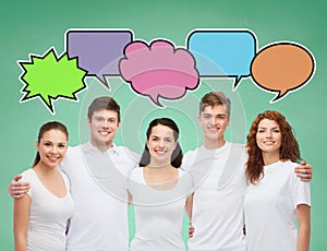 Group of smiling teenagers with text bubbles