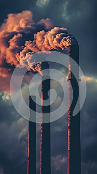 Group of Smokestacks Emitting From Cloudy Sky