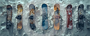 Group of Snowboards on Pile of Snow